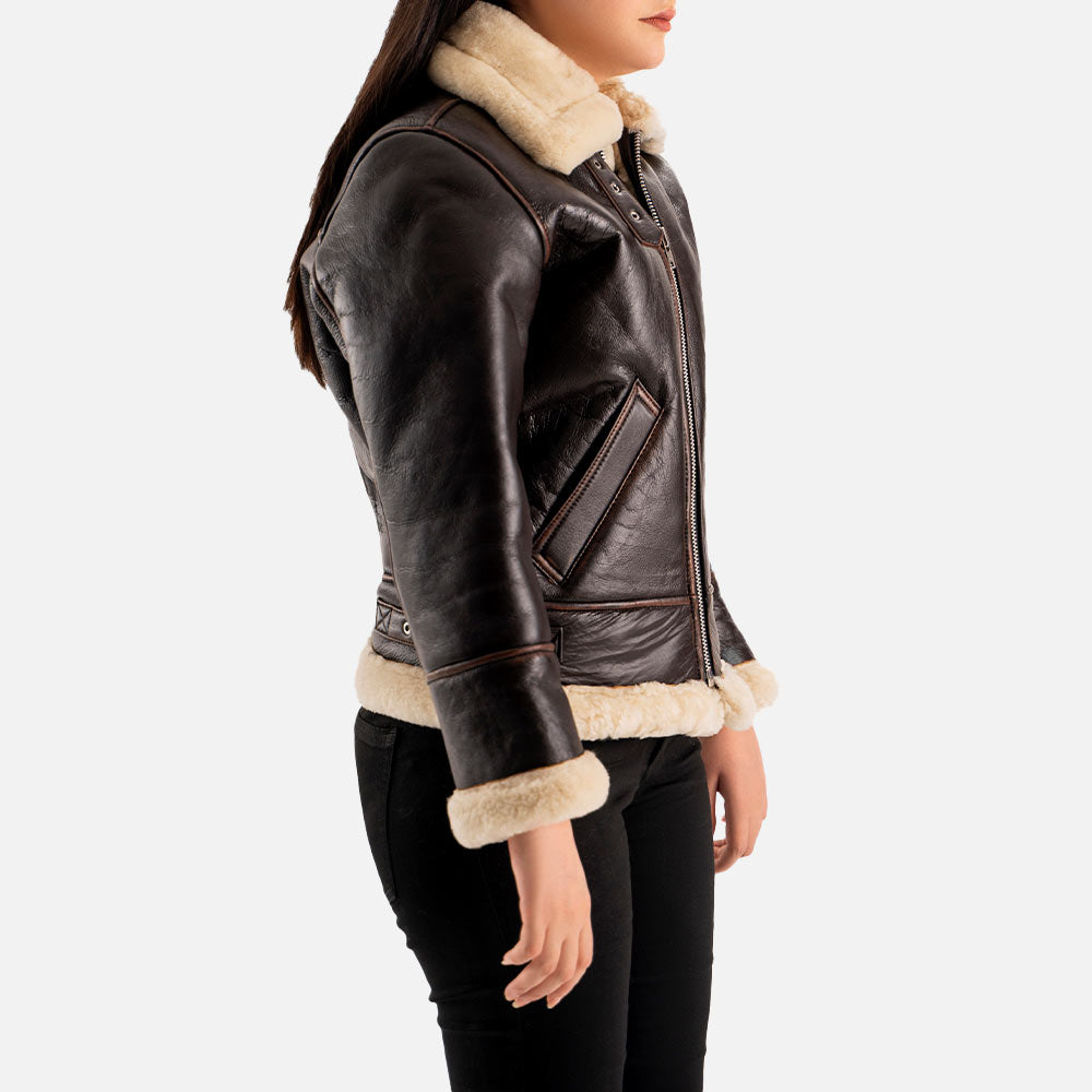 Freda B3 Distressed Brown Real Shearling Bomber Jacket left sideee