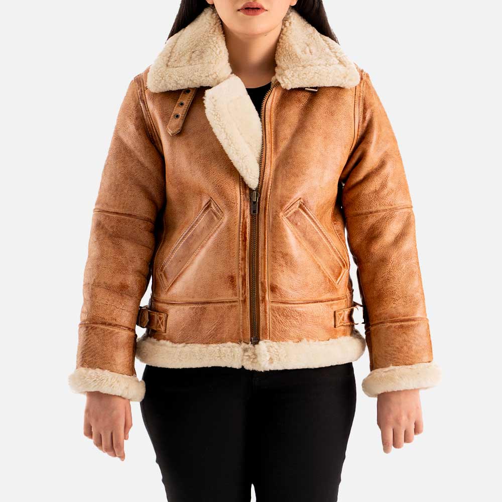 Freda B3 Tan Real Shearling Bomber Jacket Frontt