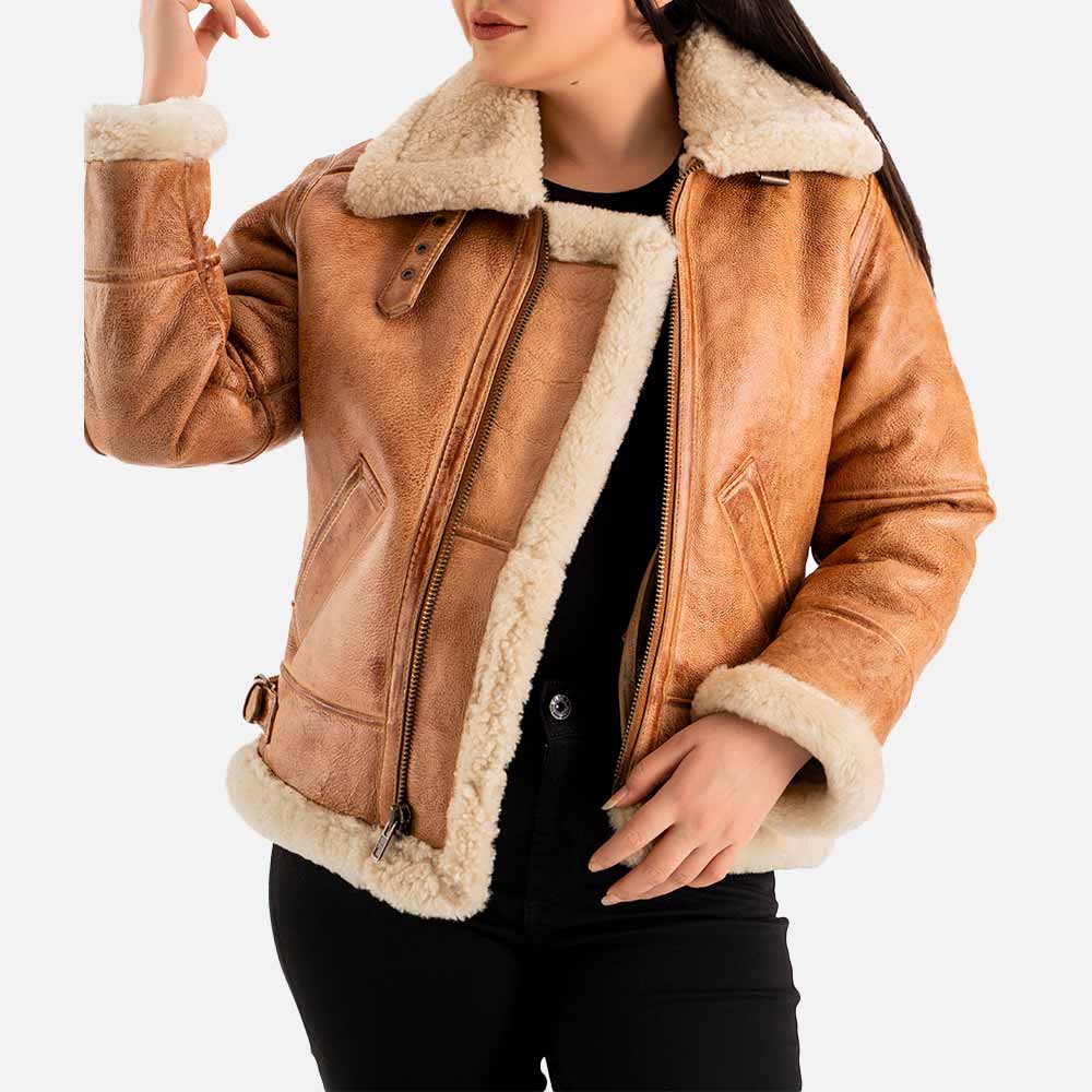 Freda B3 Tan Real Shearling Bomber Jacket  front hand