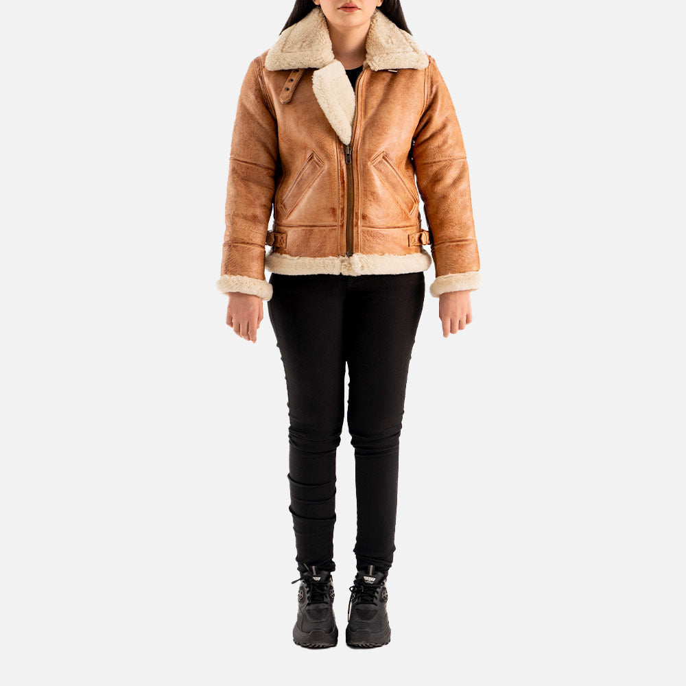 Freda B3 Tan Real Shearling Bomber Jacket  full Body