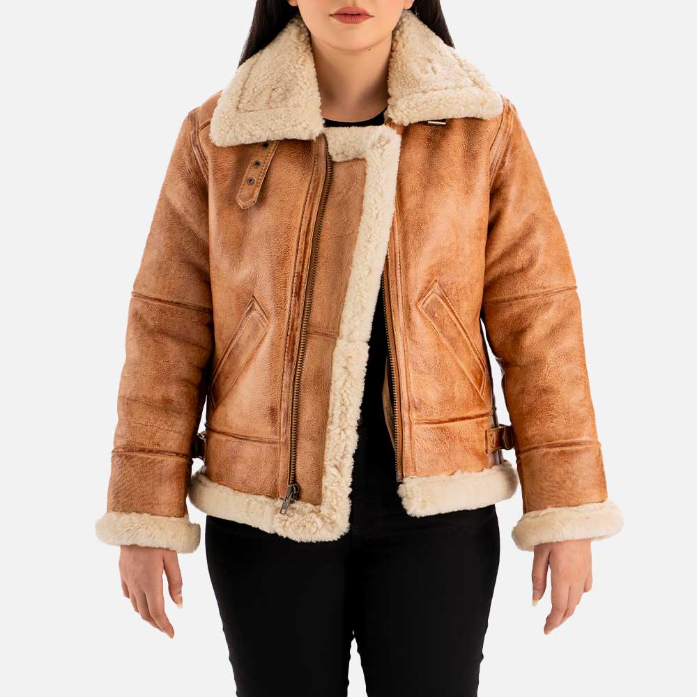 Freda B3 Tan Real Shearling Bomber Jacket  fulll front