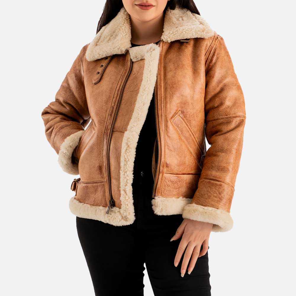 Freda B3 Tan Real Shearling Bomber Jacket half face