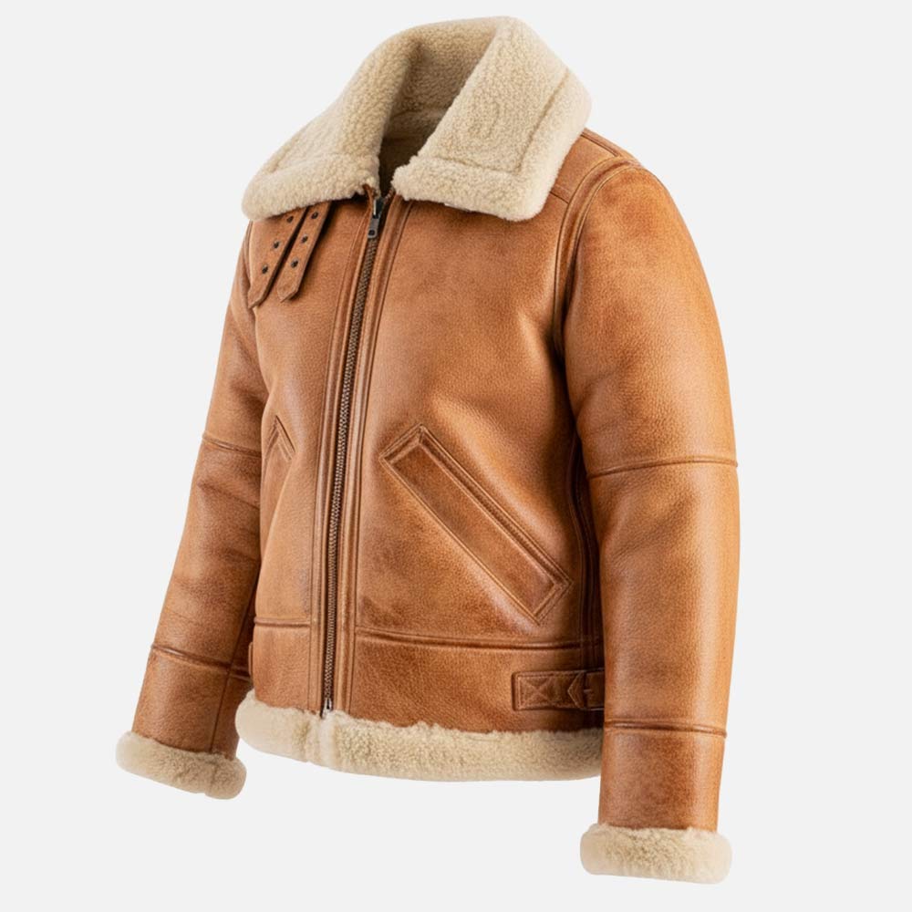 Freda B3 Tan Real Shearling Bomber Jacket left side 