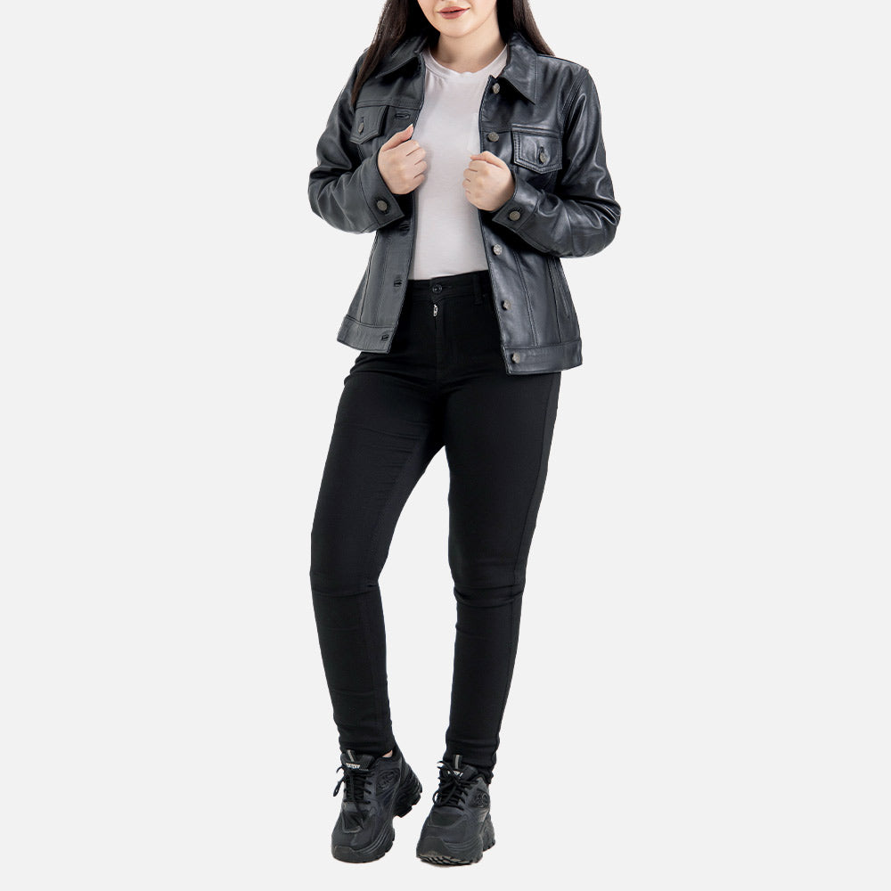 Gran Paradiso Black Leather Trucker Jacket  Full Body