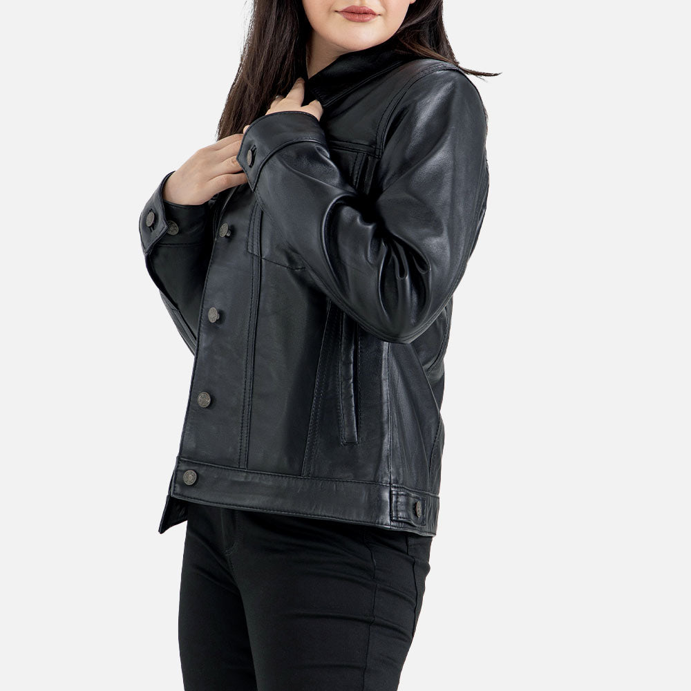 Gran Paradiso Black Leather Trucker Jacket  Left Side
