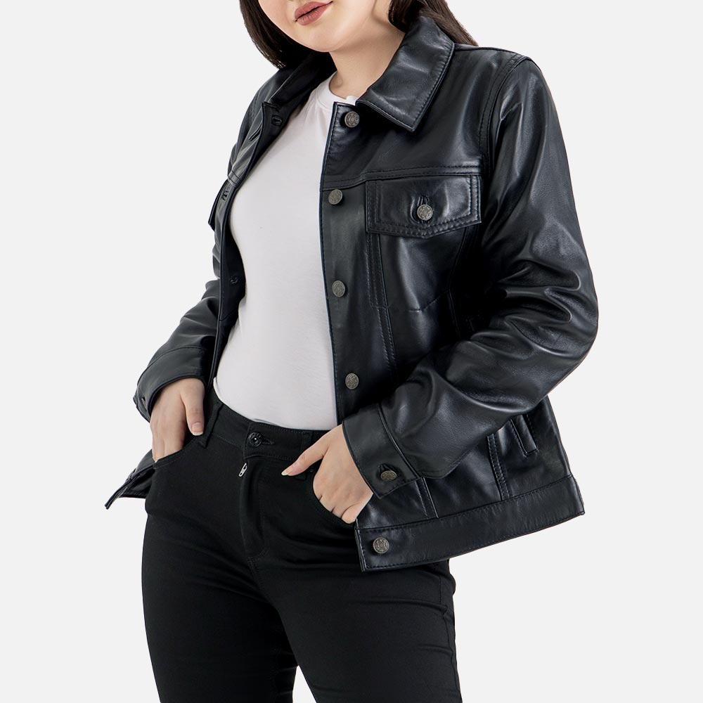Gran Paradiso Black Leather Trucker Jacket half open
