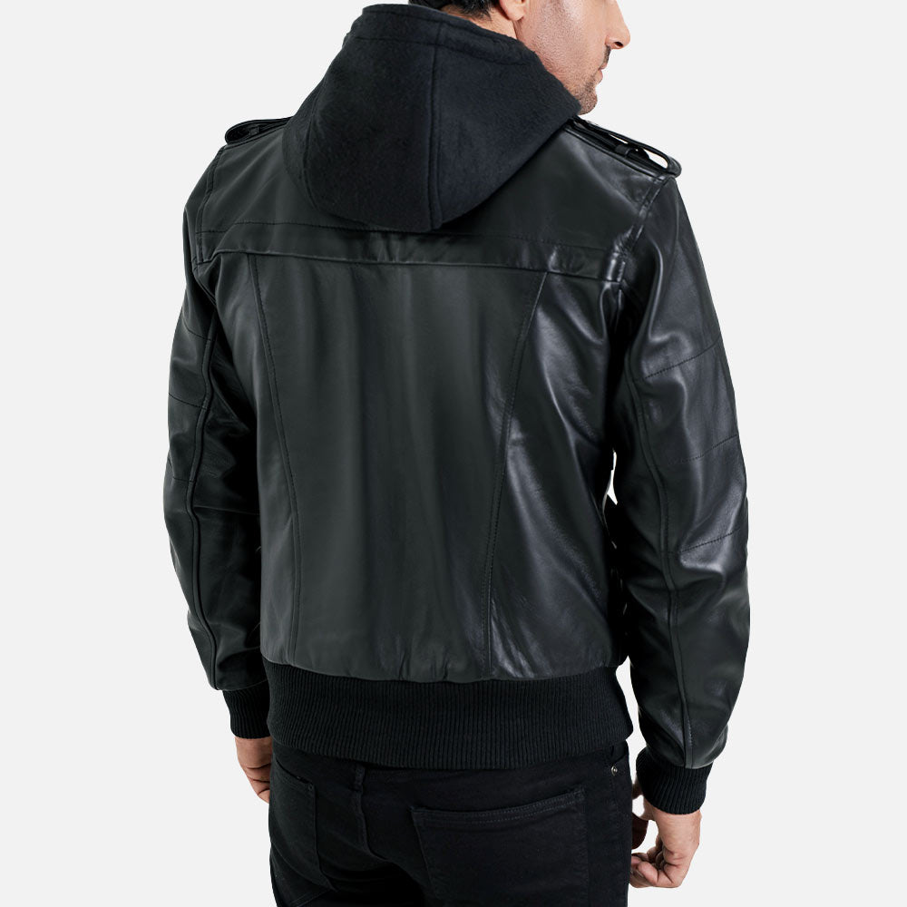 Ischia Black Hooded Leather Bomber Jacket back view