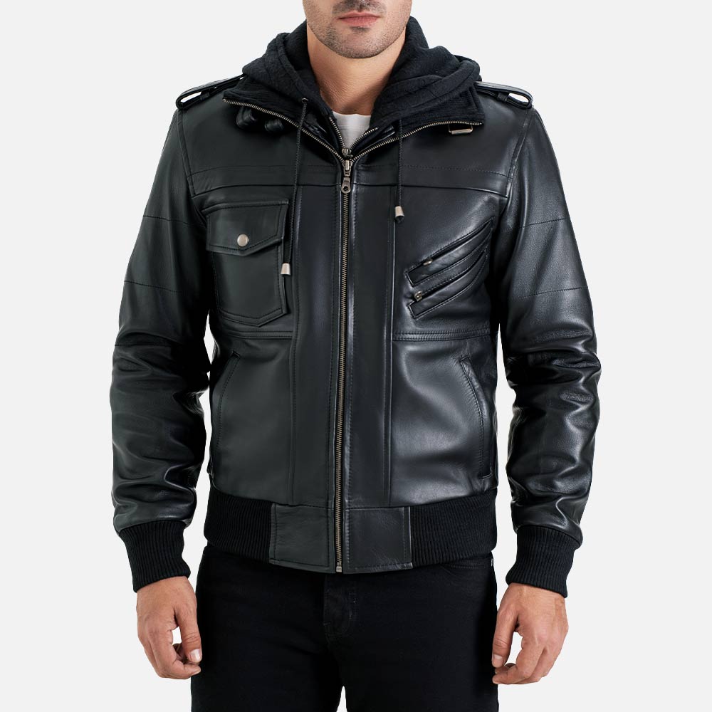 Ischia Black Hooded Leather Bomber Jacket front