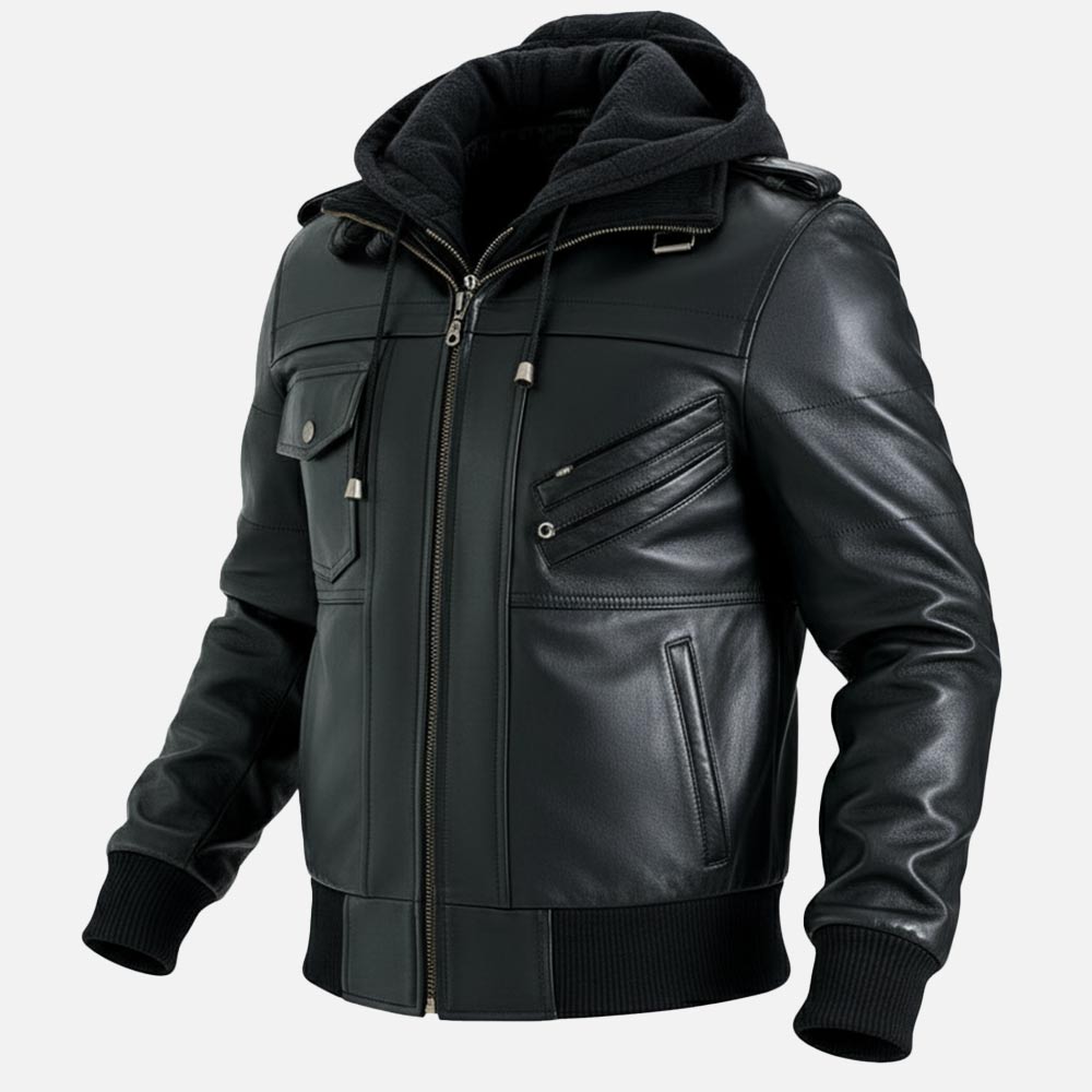 Ischia Black Hooded Leather Bomber Jacket front view
