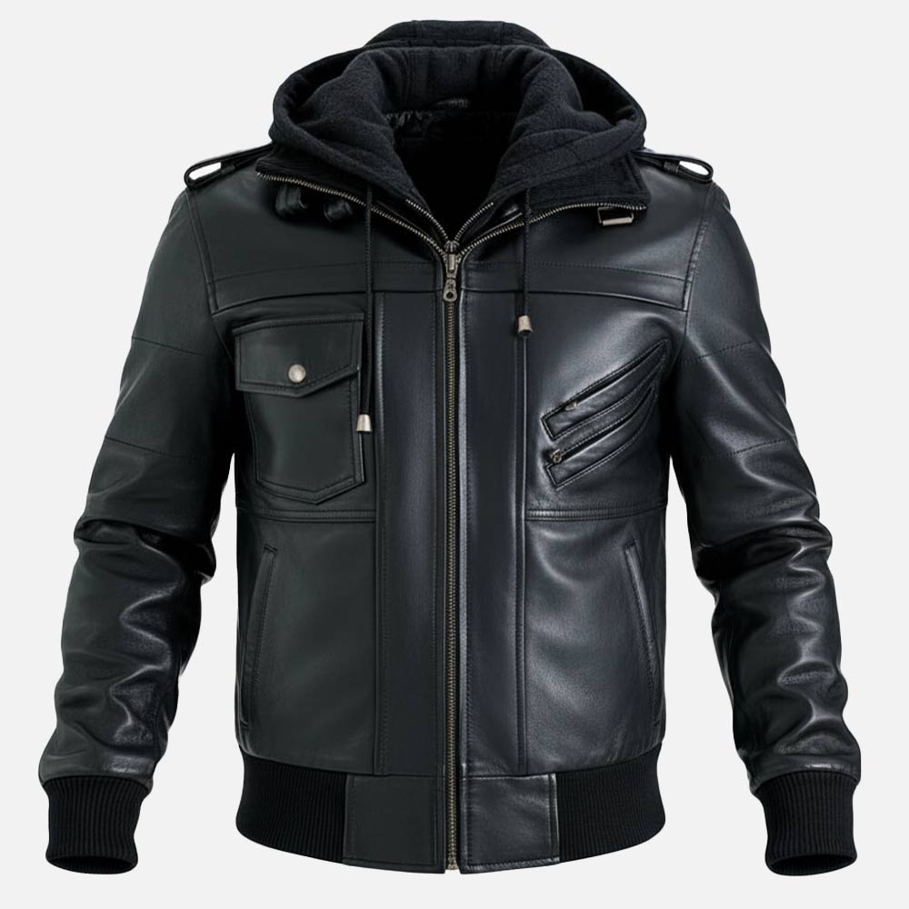 Ischia Black Hooded Leather Bomber Jacket frontt