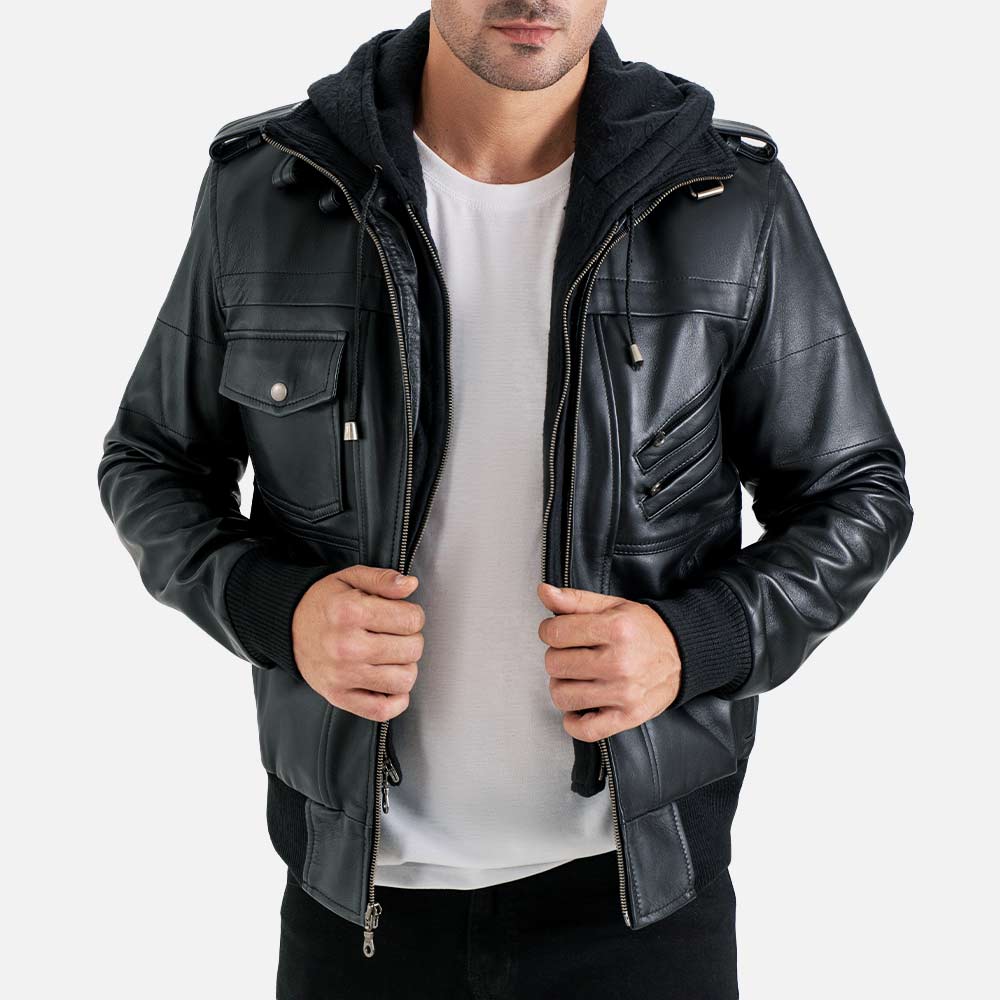 Ischia Black Hooded Leather Bomber Jacket  holding jacket