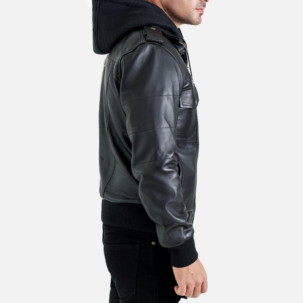 Ischia Black Hooded Leather Bomber Jacket right