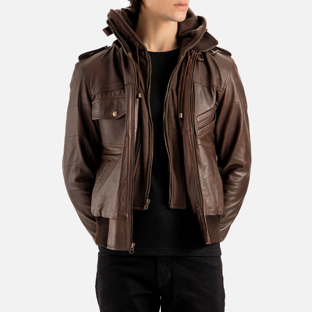 Ischia Brown Hooded Leather Bomber Jacket both hand is back