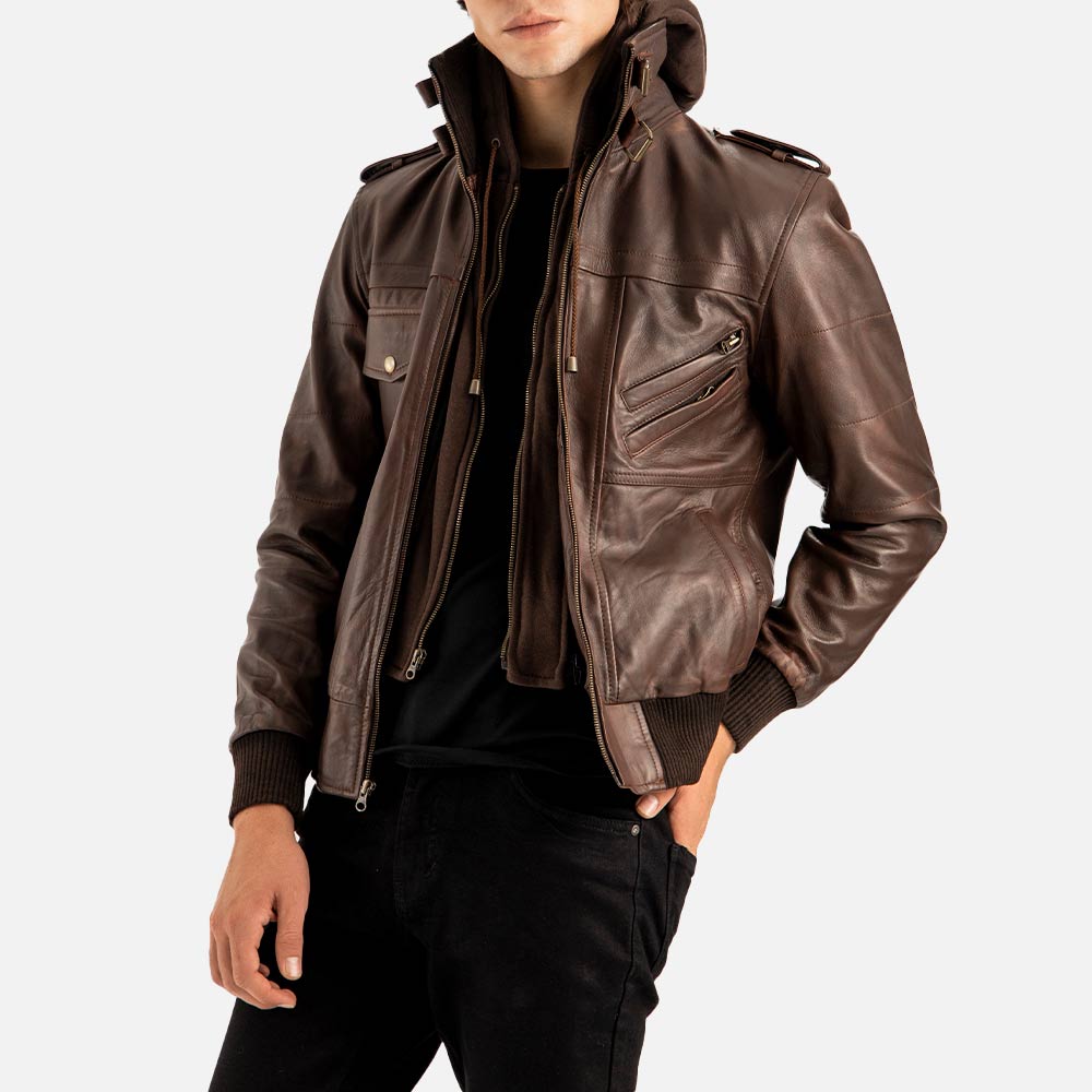 Ischia Brown Hooded Leather Bomber Jacket front view