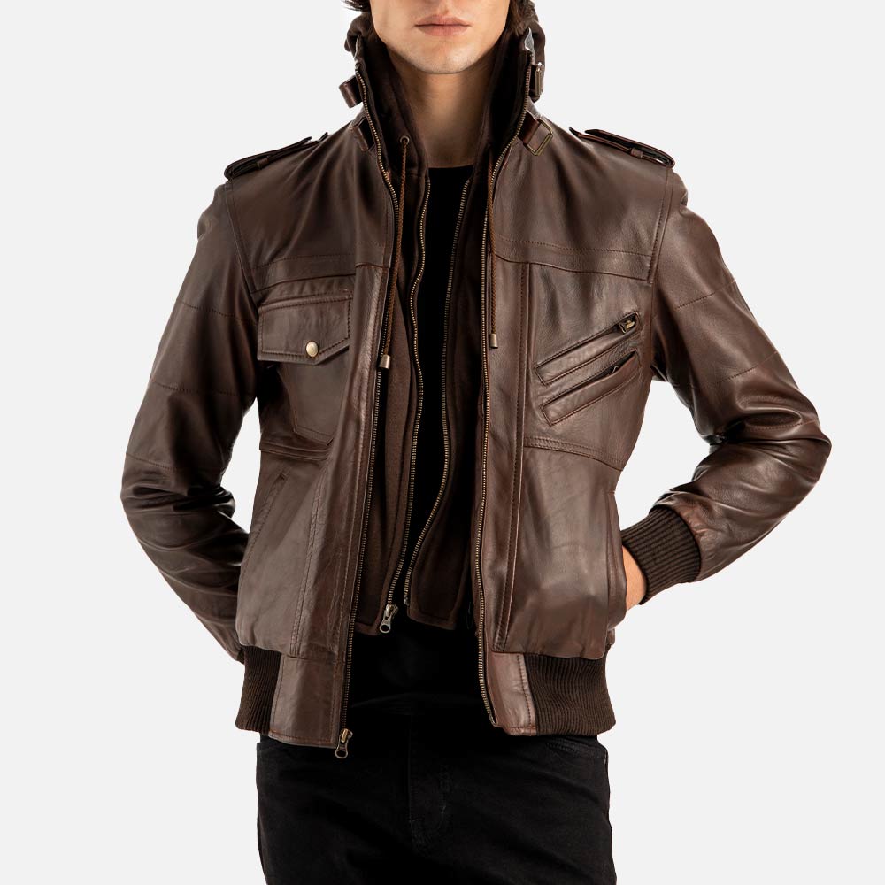 Ischia Brown Hooded Leather Bomber Jacket front view with half face