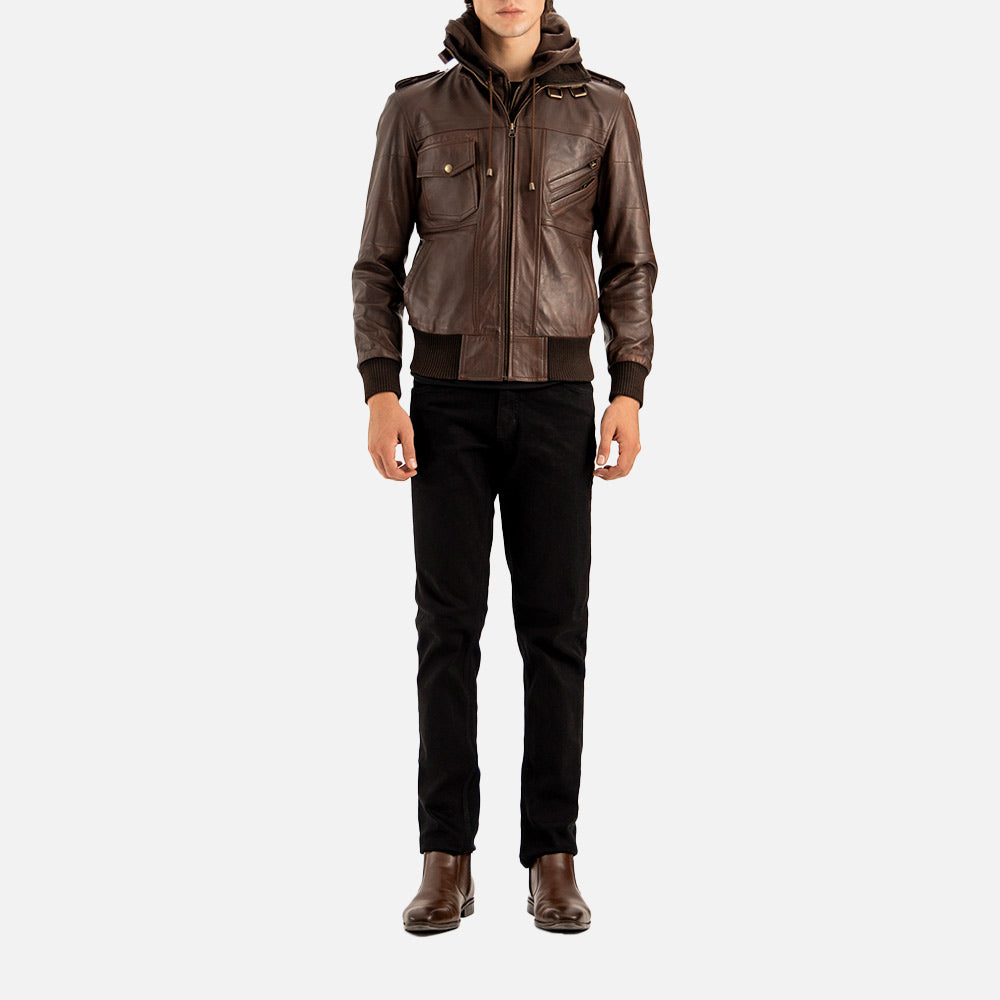 Ischia Brown Hooded Leather Bomber Jacket full body