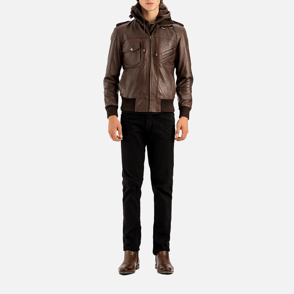 Ischia Brown Hooded Leather Bomber Jacket full view