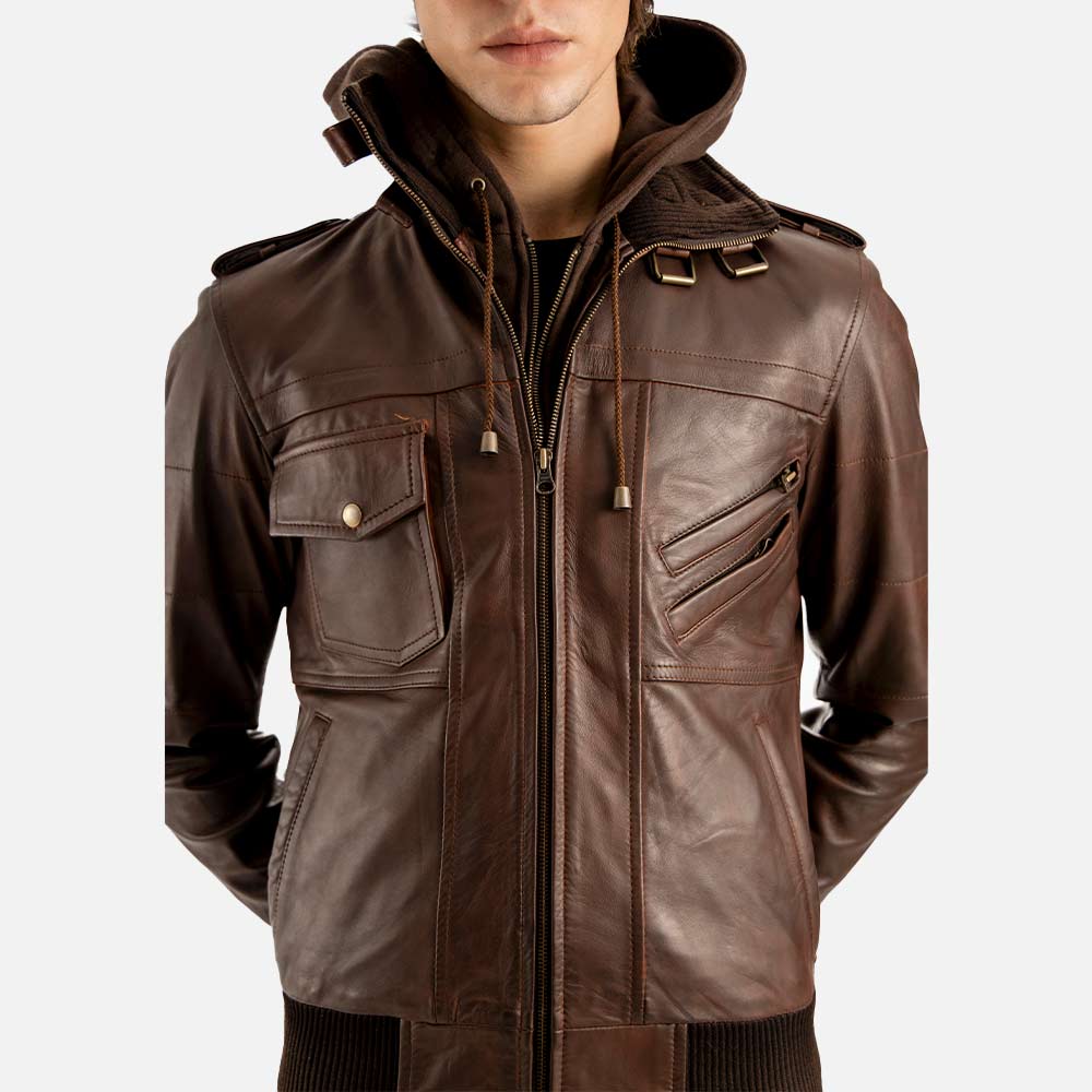Ischia Brown Hooded Leather Bomber Jacket half  body view