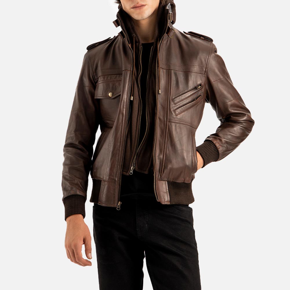 Ischia Brown Hooded Leather Bomber Jacket one hand in pocket