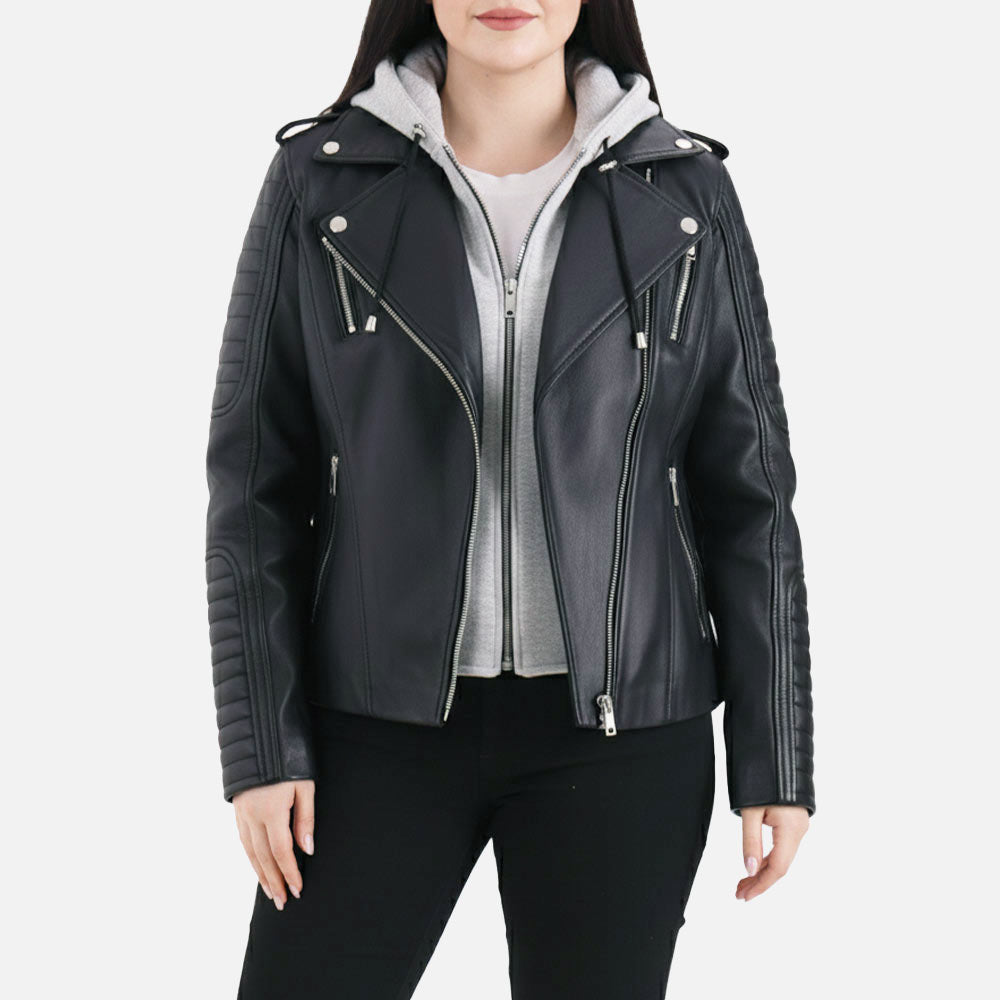 Lavaredo Black Hooded Leather Bmber Jacket  Half Facee