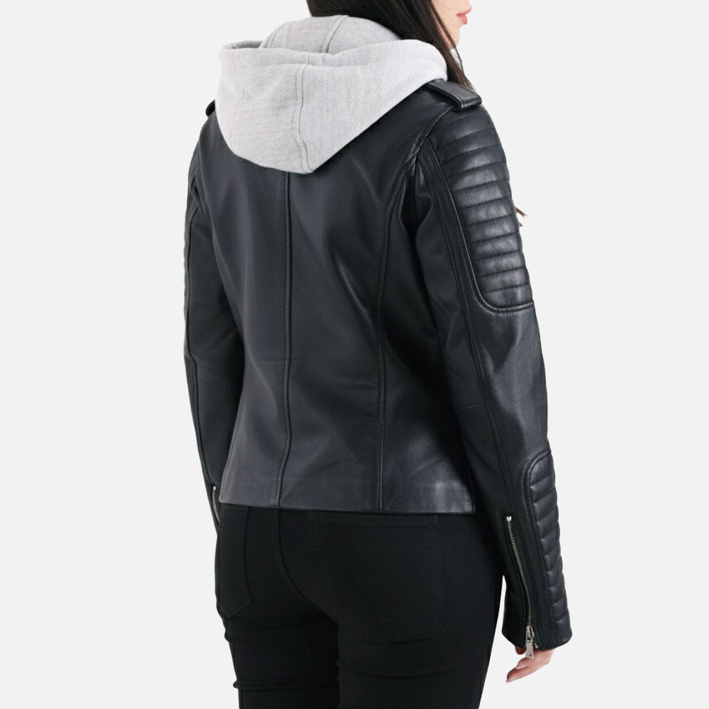 Lavaredo Black Hooded Leather Bomber Jacket  Backk 