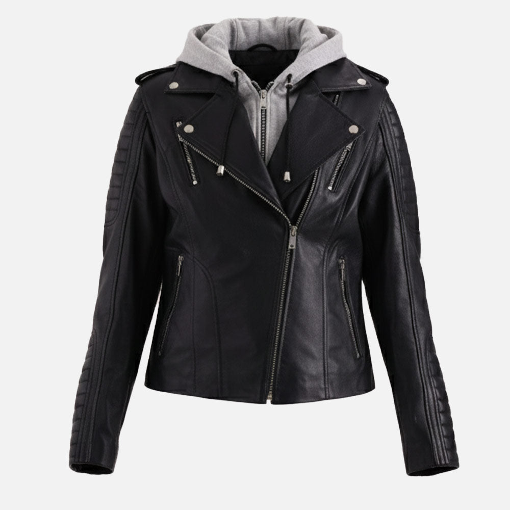 Lavaredo Black Hooded Leather Bomber Jacket  Frontt