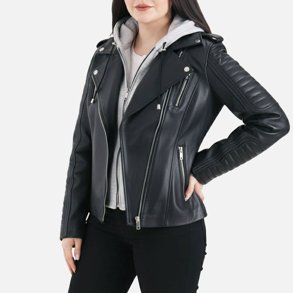 Lavaredo Black Hooded Leather Bomber Jacket Frontt Sidee