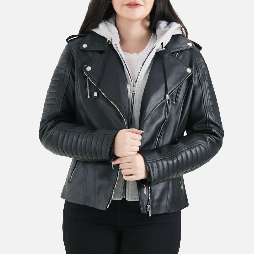 Lavaredo Black Hooded Leather Bomber Jacket  Handd