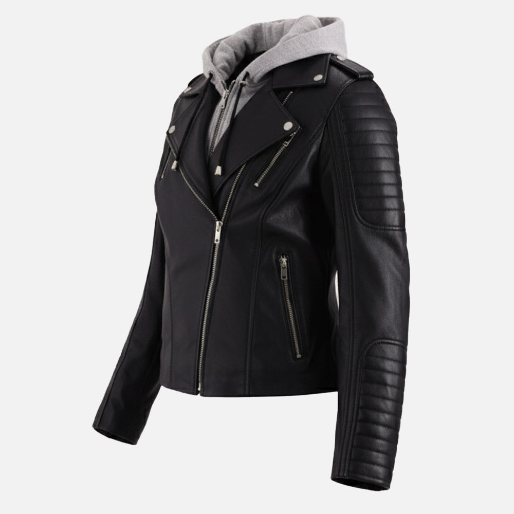 Lavaredo Black Hooded Leather Bomber Jacket  Leftt