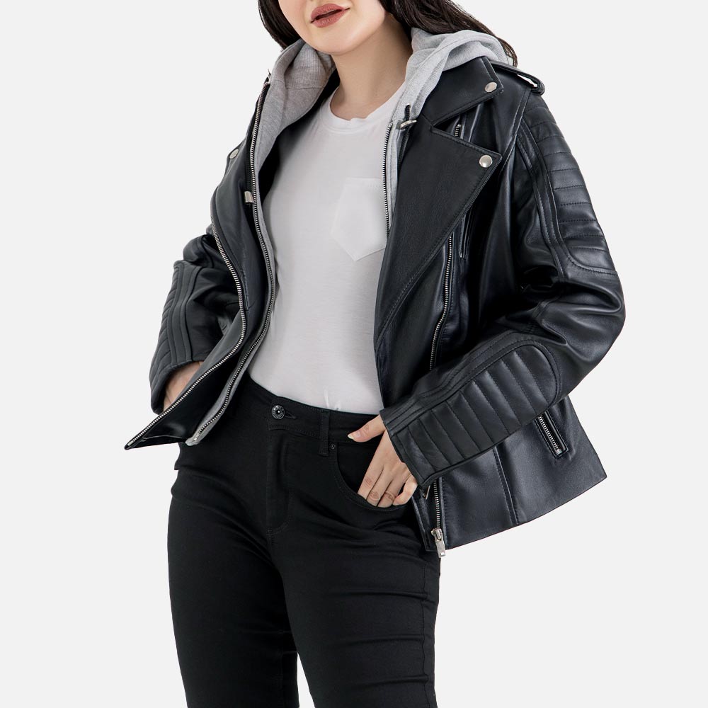 Lavaredo Black Hooded Leather Bomber Jacket  Lefttt