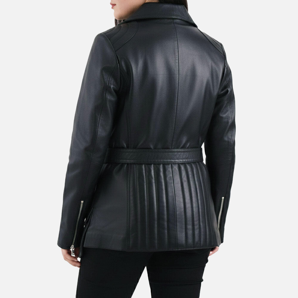 Lecce Black Leather Trench Coat  Back Right