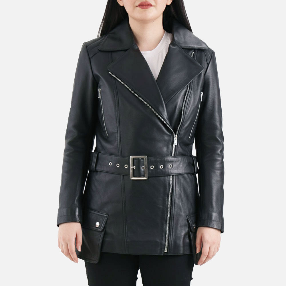 Lecce Black Leather Trench Coat  Frontt