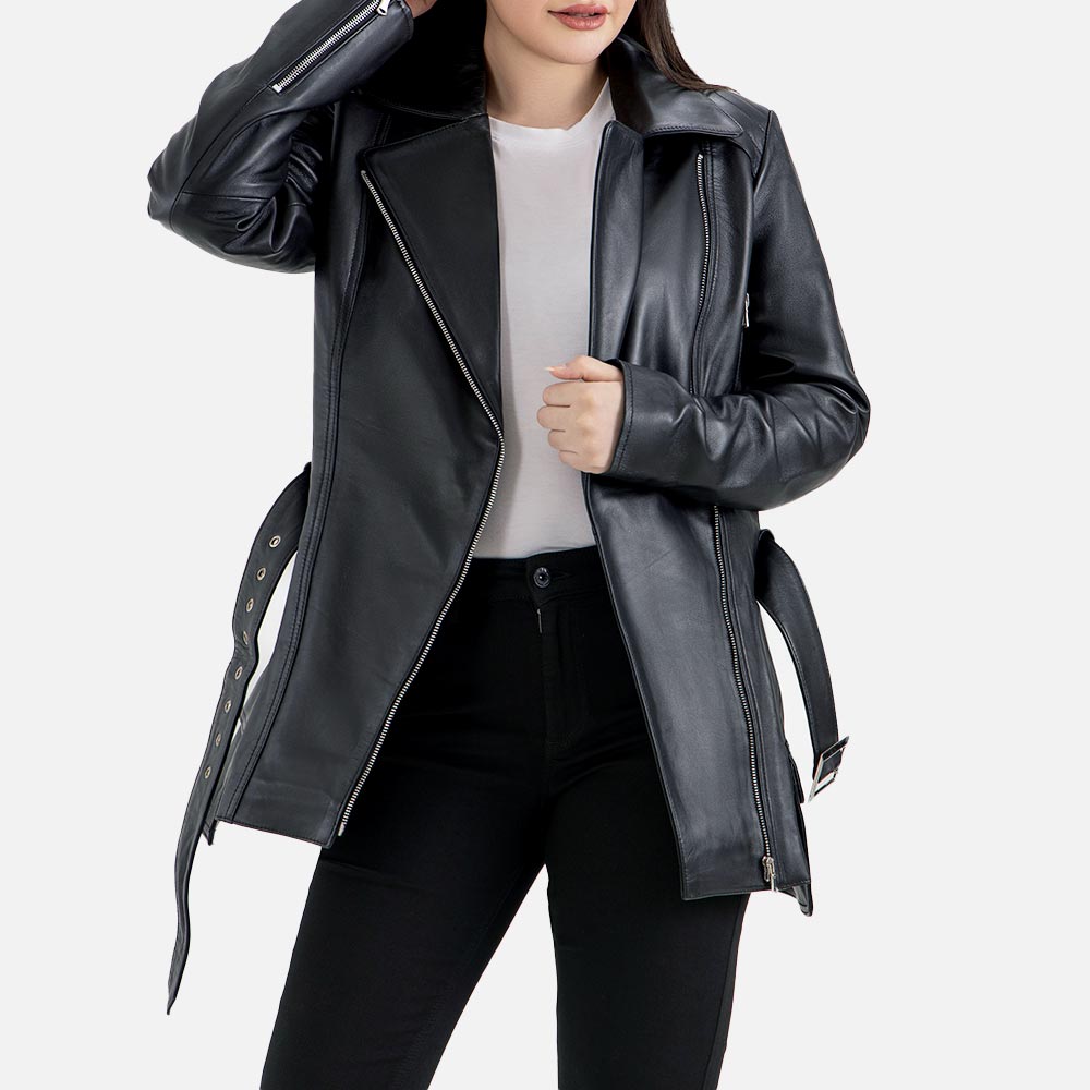 Lecce Black Leather Trench Coat Half face 
