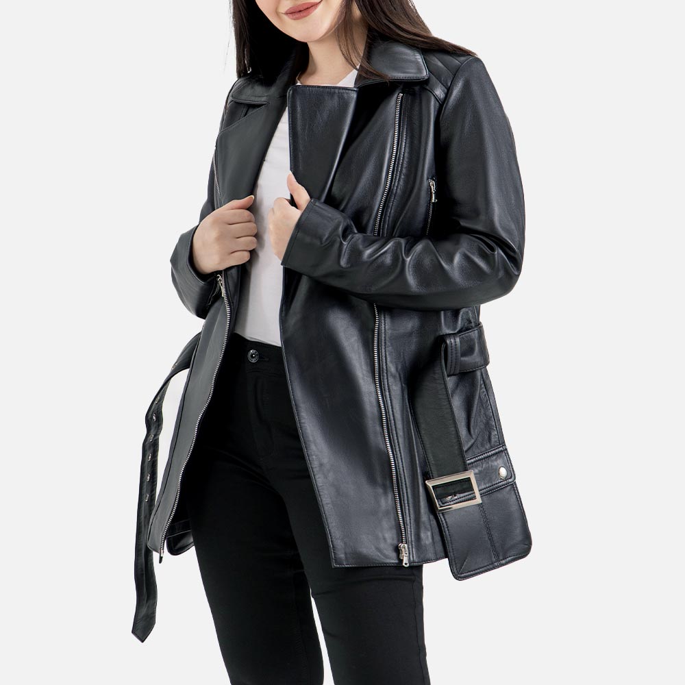 Lecce Black Leather Trench Coat Left Hand