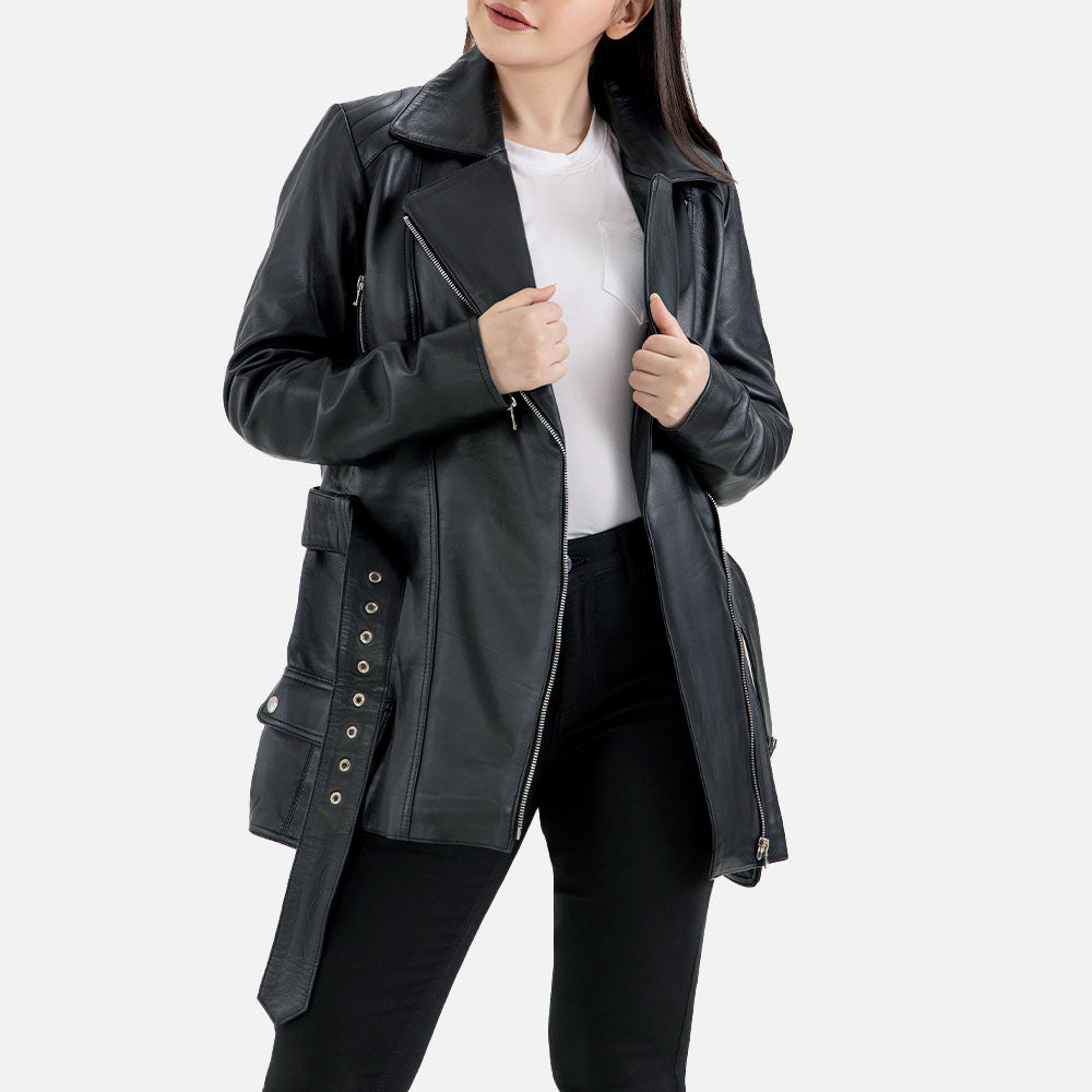 Lecce Black Leather Trench Coat Open