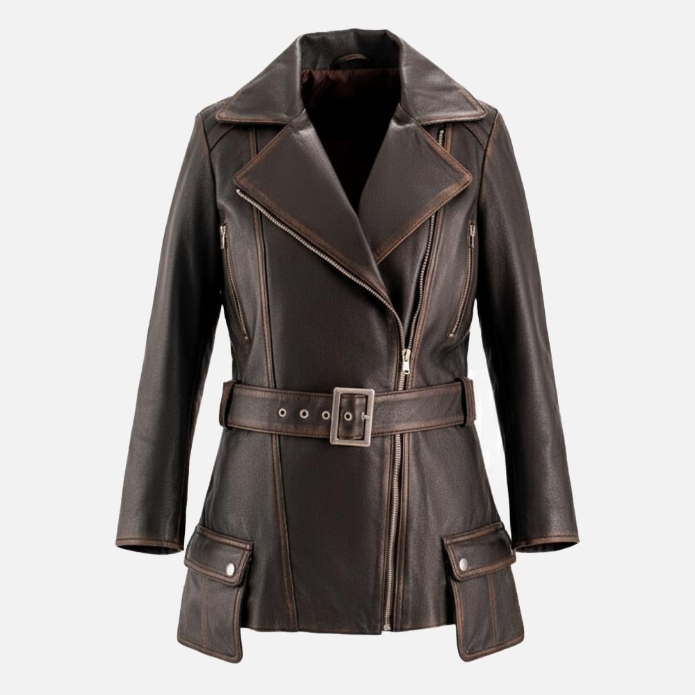 Lecce Distressed Leather Trench Coat  front dummy