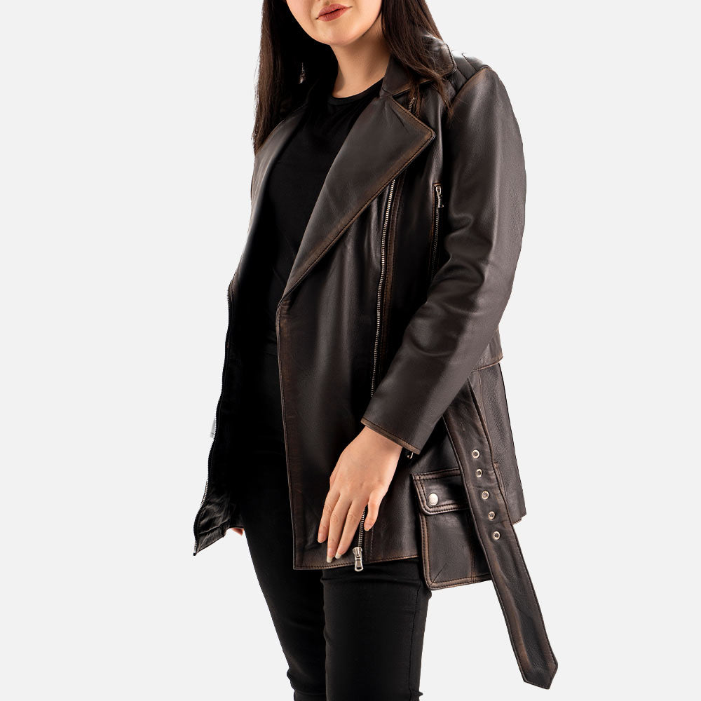 Lecce Distressed Leather Trench Coat left hand