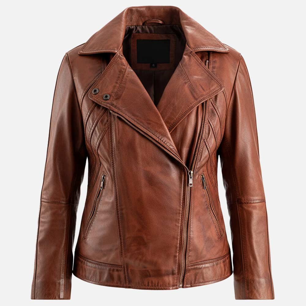 Linea Femmina Brown Leather Biker Jacket Front 