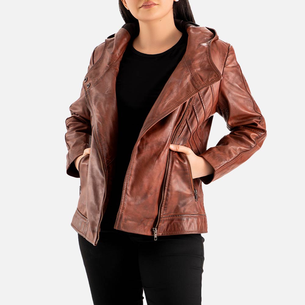 Linea Femmina Brown Leather Biker Jacket Open