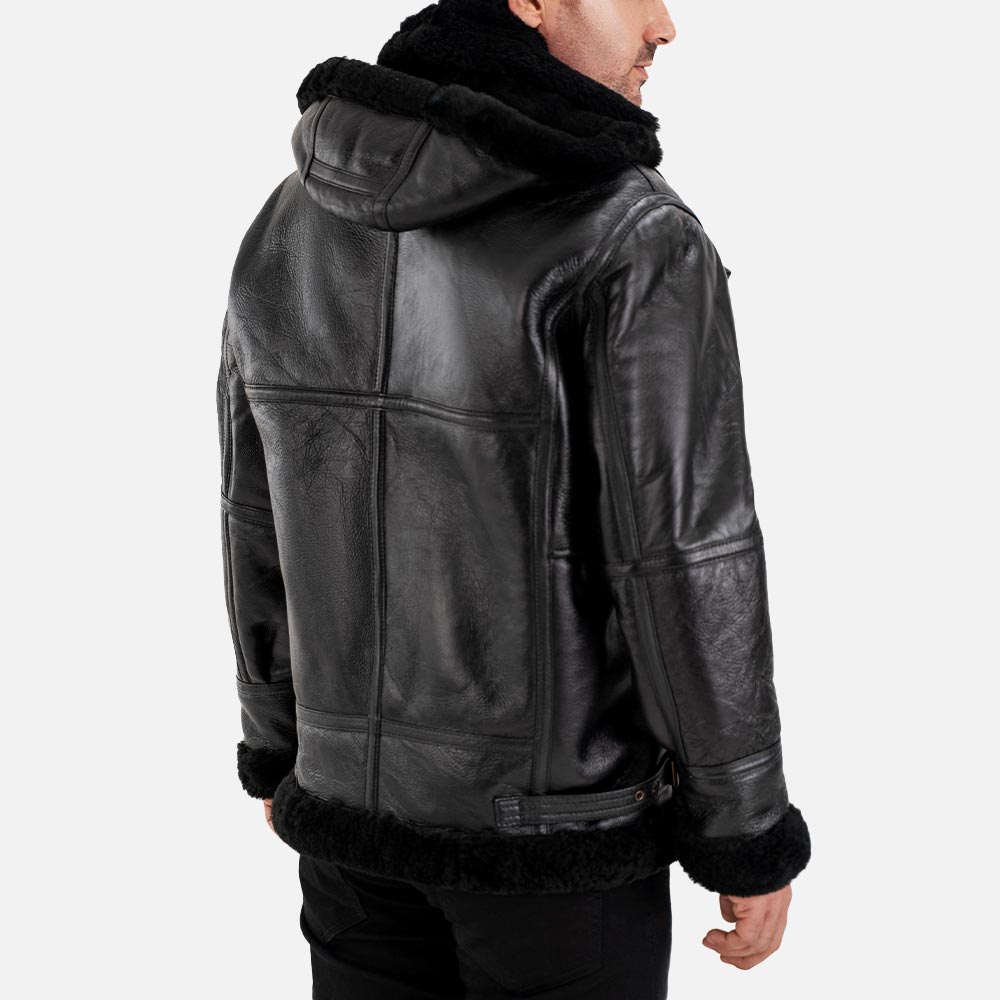 Livigno Black Hooded Real Shearling Bomber Jacket back view