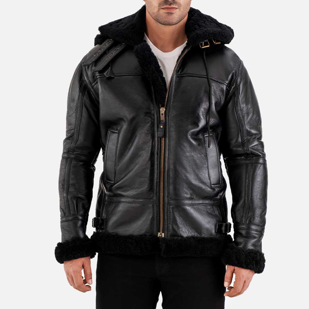 Livigno Black Hooded Real Shearling Bomber Jacket front