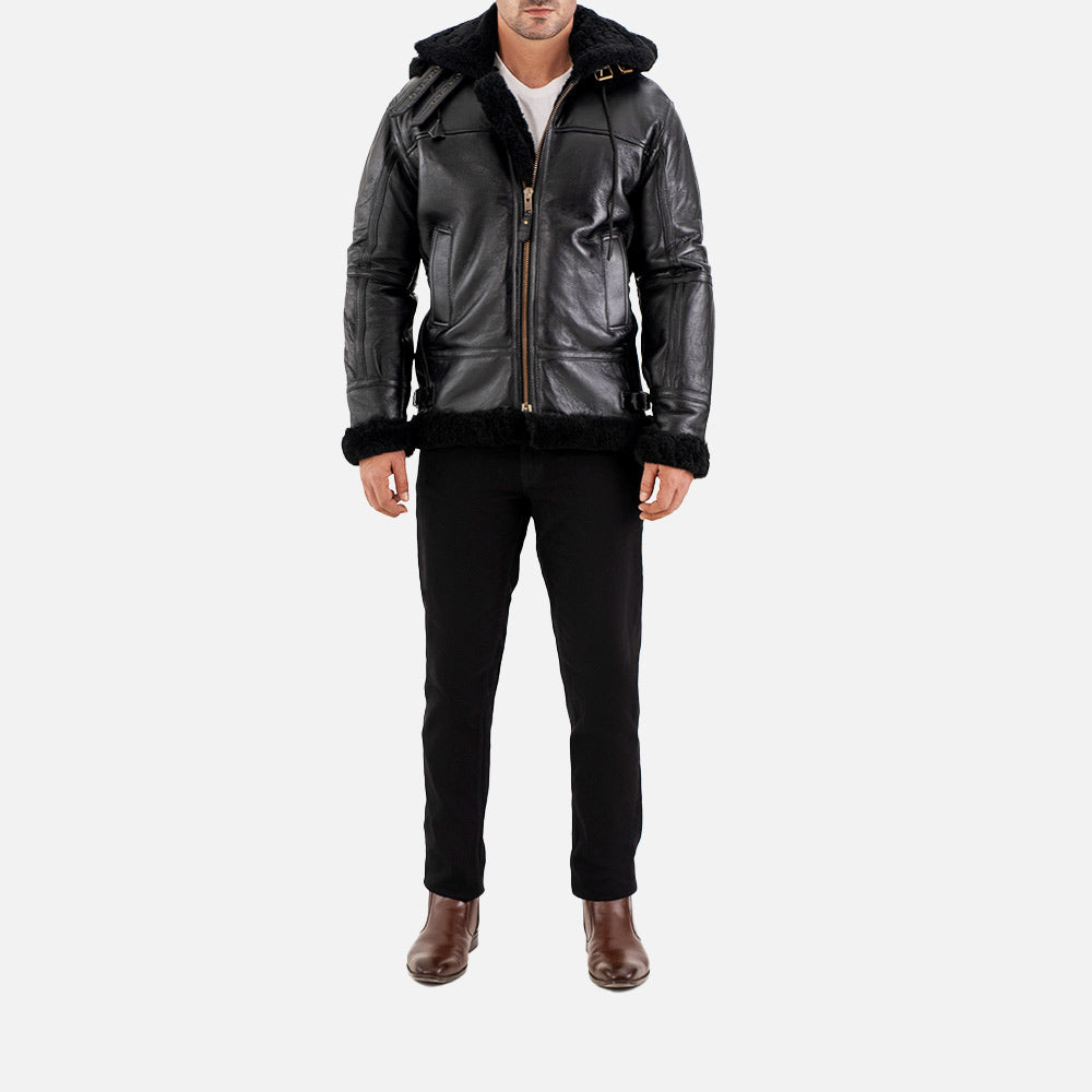 Livigno Black Hooded Real Shearling Bomber Jacket front full view