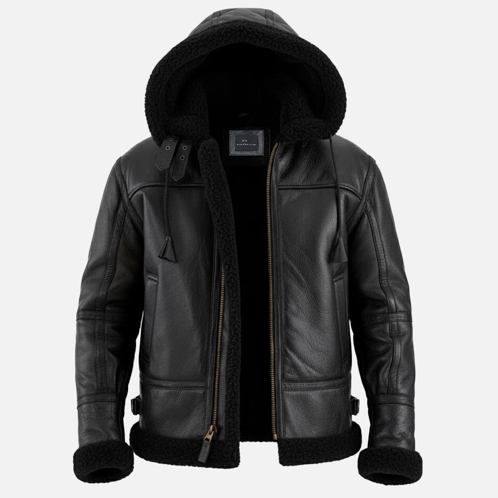 Livigno Black Hooded Real Shearling Bomber Jacket front  view with open