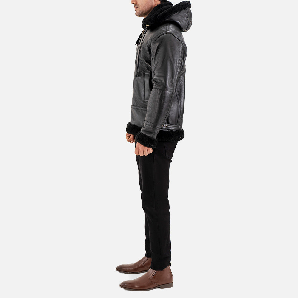 Livigno Black Hooded Real Shearling Bomber Jacket full left view