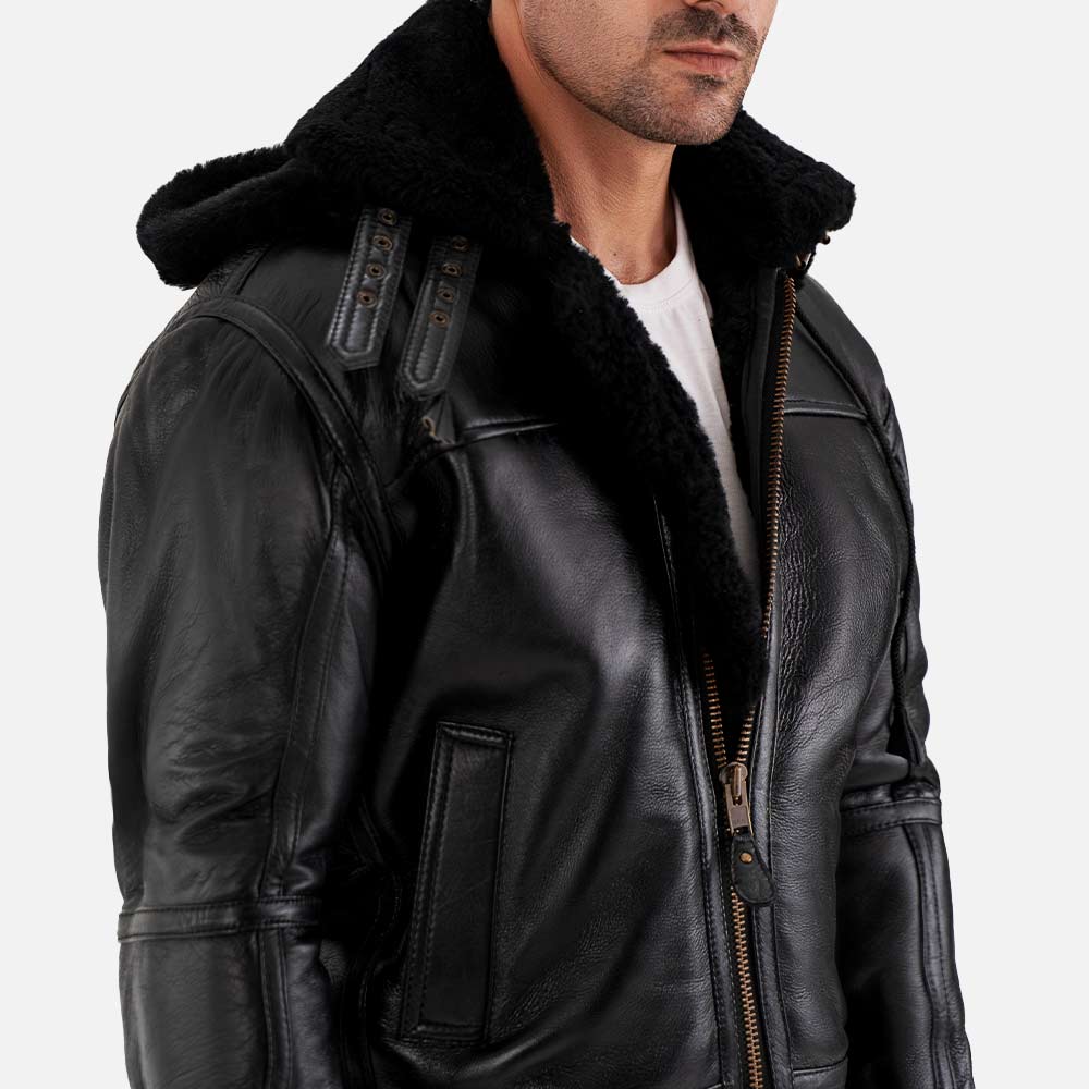 Livigno Black Hooded Real Shearling Bomber Jacket half  face