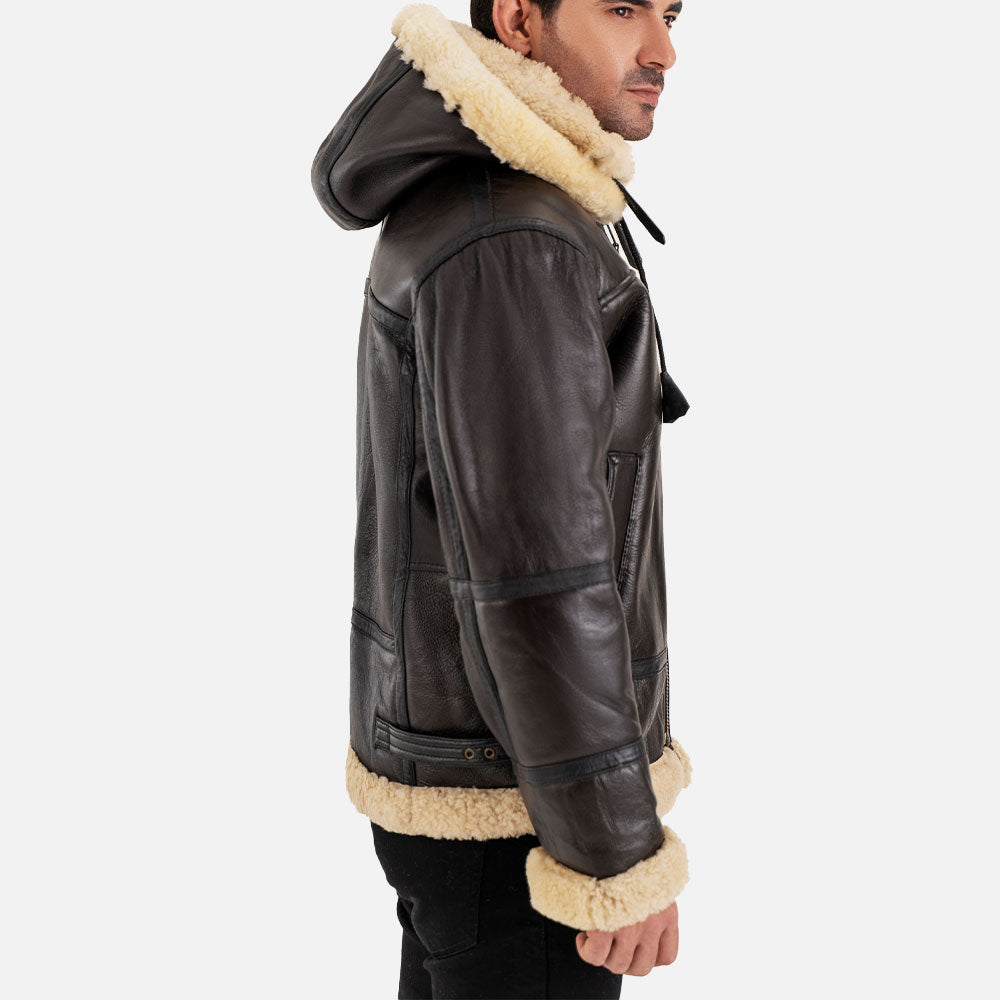 Livigno Brown & Cream Hooded Real Shearling Bomber Jacket Right view