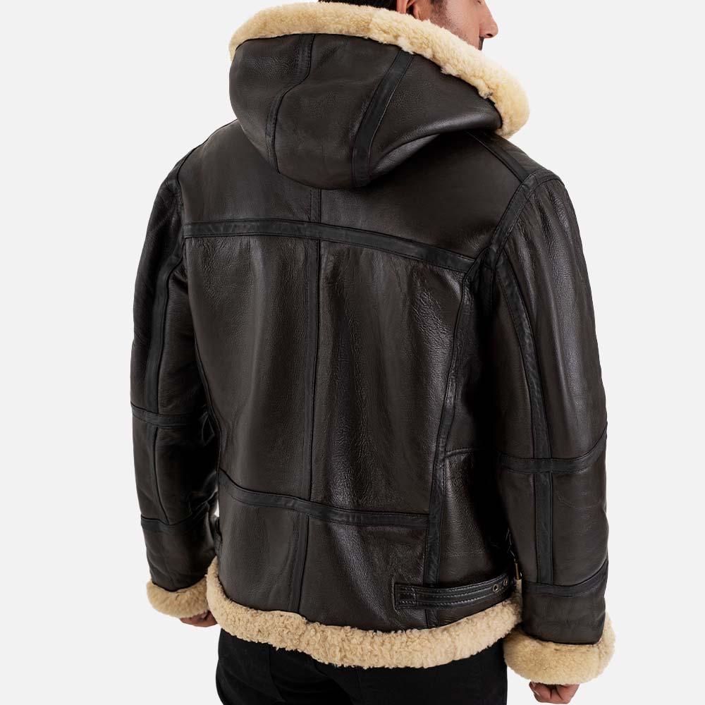 Livigno Brown & Cream Hooded Real Shearling Bomber Jacket back view