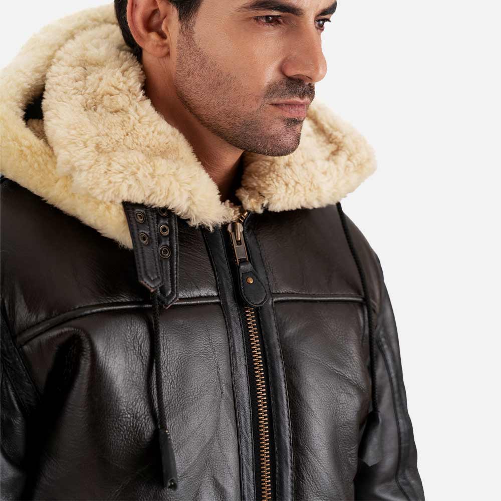 Livigno Brown & Cream Hooded Real Shearling Bomber Jacket front face view