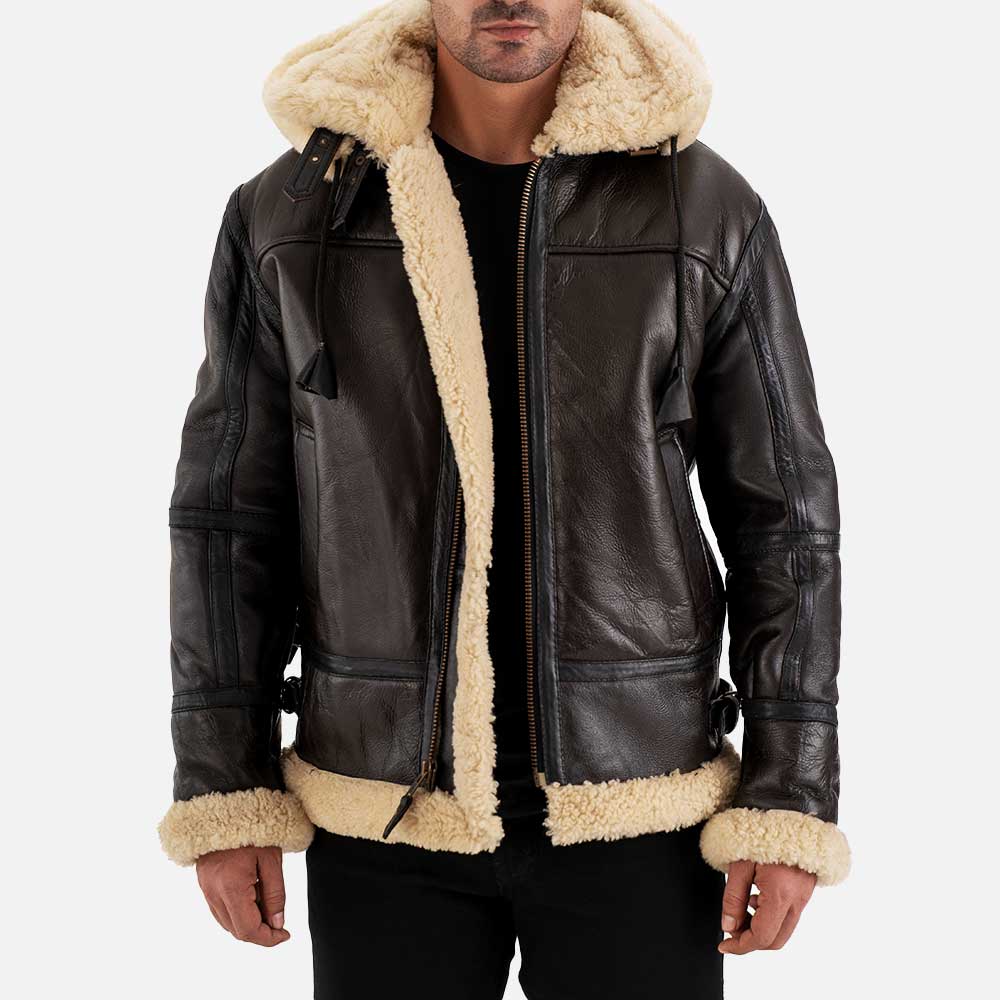 Livigno Brown & Cream Hooded Real Shearling Bomber Jacket  front open