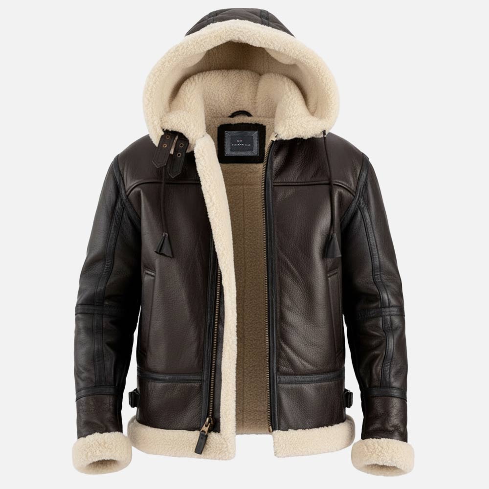 Livigno Brown & Cream Hooded Real Shearling Bomber Jacket front vith cap